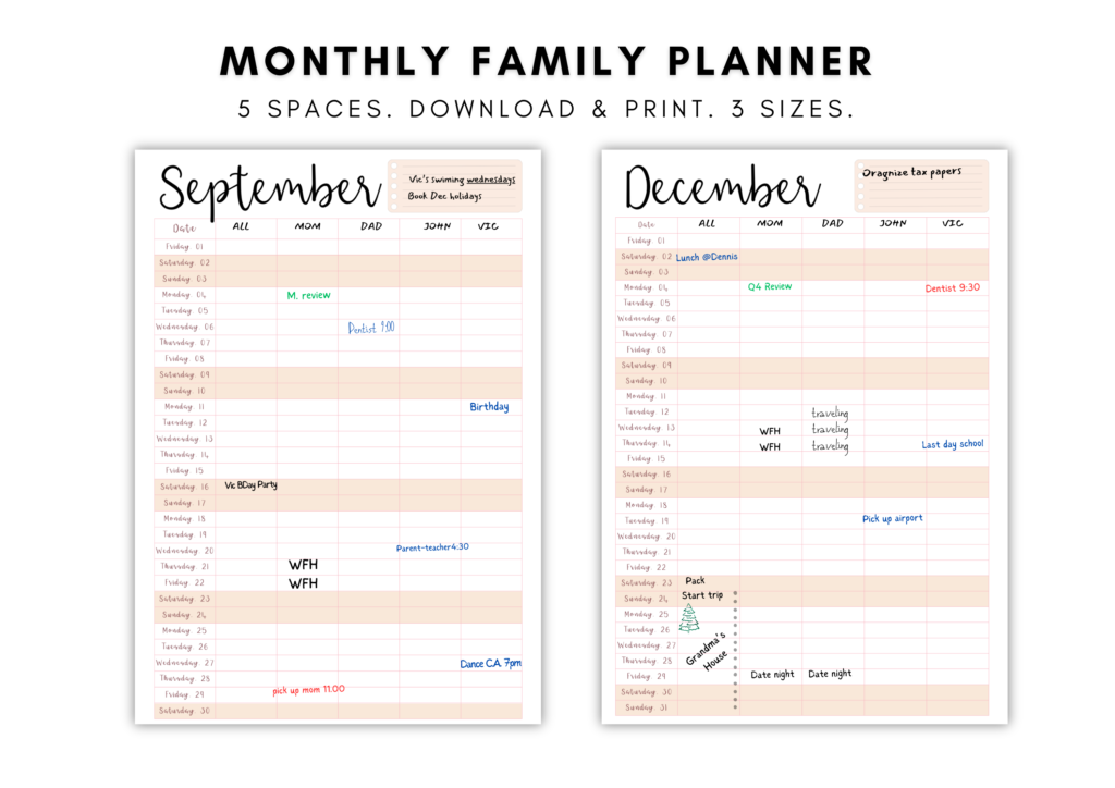Etsy printable calendars for families and groups