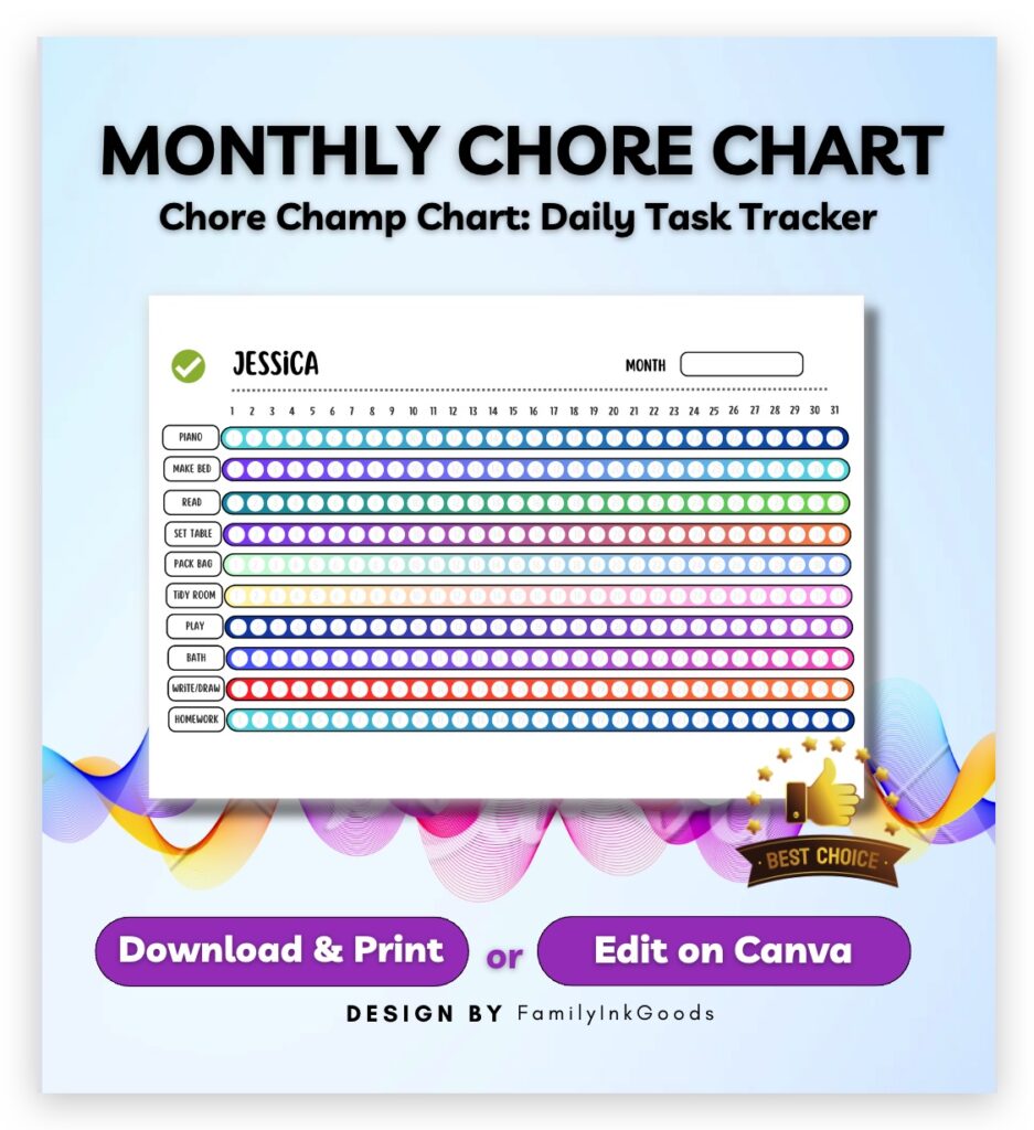 Monthly Kids Chore Chart, Simple & Visual, Printable PDF or Editable on Canva, Children Activity Tracker, Kids Routines, Monthly Chore Chart